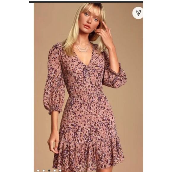 Lulus Floral Mini Dress Large | Cottagecore Ruffle V-Neck Chiffon Scandi girl - Picture 1 of 10